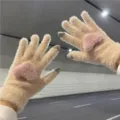 Cute plush heart touch screen knit gloves for women, warm winter outdoor windproof gloves. - One Size / Beige
