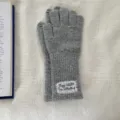 Grey knitted long gloves with lace embroidered patch, warm winter touch screen design. - One Size / Gray