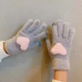 Cute plush heart touchscreen gloves, knitted warm winter five finger gloves for daily use. - One Size / Gray