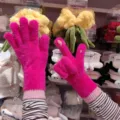 Pink fuzzy touchscreen gloves detail, soft knit winter warm half-finger gloves display. - One Size / Thickened Plush Rose Red