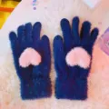 Cute plush heart touch screen gloves for women, warm knitted winter five finger gloves - One Size / Navy Blue