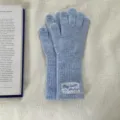 Long wool blend fingerless gloves in light blue with delicate lace label detail for women. - One Size / Lake Blue