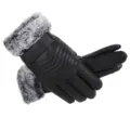 Detailed view of men's winter warm black leather gloves with cozy plush faux fur cuffs. - One Size / With Fur Collar / Black