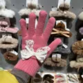 Pink knit gloves detail, sweet lace bow and pearl decoration, cozy five finger winter gear. - One Size / Rose Red