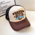 Vintage mesh baseball cap with embroidered bear graphic, breathable trucker hat for men and women. - Adjustable / Beige with Coffee Brim