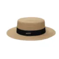 Summer straw boater hat with black ribbon, vintage flat top sun protection beach hat. - M (54-57cm) / Khaki