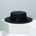 Black flat top straw hat with ribbon and metal detail for women outdoor sun protection summer - M (54-57cm) / Black