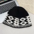 Retro black and white color-blocked knitted beanie hat, warm winter geometric pattern cap. - A-627 Black Plaid Bucket Hat