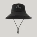 Outdoor black sun hat with wide brim, breathable mesh panels and adjustable chin strap. - Adjustable / Black