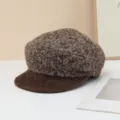 Brown loop yarn spliced woolen soft brim beret, cozy newsboy hat for winter details. - Adjustable / Coffee