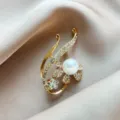 Gold pearl flower brooch detail, elegant rhinestone crystal pin for women suit jacket accessory. - Gold