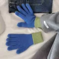 Winter women cashmere knit touch screen gloves thick warm fleece lined blue green cuffs - Dopamine Two-Tone Gloves - Dark Blue