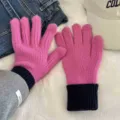 Pink knit touch screen gloves for women, warm thick winter fleece-lined split finger mittens - Dopamine Two-Tone Gloves - Rose Red