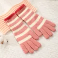 Pink and white striped knitted gloves for women, winter warm thick cozy stylish hand warmers. - Pink