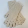 Close-up detail of women's warm knitted ribbed wool gloves with finger openings in beige. - Off White