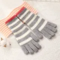 Striped knit gloves, grey and white color with red cuff, warm winter women cold-proof accessory - Gray
