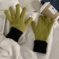 Women winter knitted touch screen warm thick gloves yellow green casual wool variant item. - Dopamine Two-Tone Gloves - Olive Green