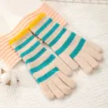 Stylish striped lengthened fingerless knit gloves for women, cozy winter warm accessories. - Beige