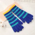 Korean style striped knitted gloves, winter warm thick woolen long fingerless mittens for women. - Sapphire Blue
