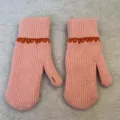 Women winter warm knit mittens cute pink woolen gloves with contrast color wrist cuff detail - Full Coverage / Pink