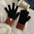 Women winter knit gloves touchscreen warm thick fleece lined black gloves for cold days - Dopamine Two-Tone Gloves - Black