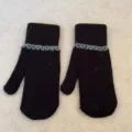 Black knit winter gloves with grey pattern detail, warm cozy wool mittens for cold weather. - Full Coverage / Black