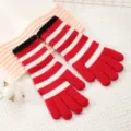 Red white striped knitted winter gloves, trendy long cold-proof warm wool hand wear variant. - Red