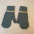 Detailed view of women winter knitted mittens with thumb opening, dark teal cozy wool gloves. - Full Coverage / Lake Blue