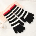 Black white and red striped knitted winter gloves, stylish warm long fingerless glove option. - Black