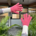 Knit touchscreen gloves long wrist warm winter solid color pink white splicing detail view - One Size / Knee-High Patchwork Rose Pink