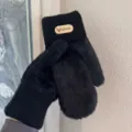 Moffole calde e spesse in maglia di peluche per donna, guanti invernali neri morbidissimi. - Nero con etichetta