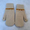 Women winter warm knit convertible mittens featuring stylish yellow pattern for cold weather. - Full Coverage / Beige