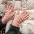 Pink knit gloves for women winter warm touch screen split finger thermal woolen gloves. - One Size / Pink