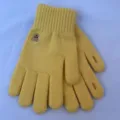 Close-up detail of yellow knitted winter touch screen gloves featuring cute bear embroidery. - Yellow
