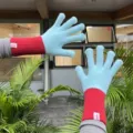 Stylish knitted wool gloves featuring split fingers and long contrasting red cuffs for warmth. - One Size / Sky Blue Patchwork Long Tube