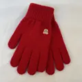 Red knit gloves featuring a cute bear embroidery, soft and warm for winter daily wear. - Bright Red