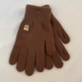 brown knit touchscreen gloves with cute bear embroidery, winter warm wool mitten details - Coffee