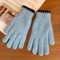 Womens winter warm knitted gloves in light blue with contrast black cuffs for daily wear. - One Size / Blue