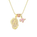 Detailed view of gold-plated necklace with letter A and pink heart planet charms. - Letter A / 40+5cm Box Chain