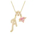 Detailed view of a gold chain necklace with a sparkling letter A and pink heart pendant - Letter A (DXL-063) / Gold