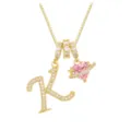 Goldene K-Buchstabenkette mit rosa Herz-Zirkonia-Anhänger und Pavé-Steinen an Boxkette - Buchstabe K (DXL-063) / Gold