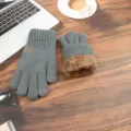 Men's thermal winter gloves double layer fleece lined knitted touch screen gloves warm - One Size / B Cyan-Grey Thickened Double Layer