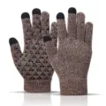Close-up of winter thermal knitted touchscreen gloves with anti-slip silicone grip palms. - One Size / Light Coffee
