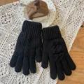 Close-up detail of black knitted touchscreen gloves with cable pattern and warm ribbed cuff. - XL / Black Twist Double Layer Coral Fleece 100g