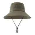 Detail view of the breathable mesh outdoor sun hat with wide brim and adjustable chin cord. - Adjustable / Army Green