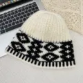 Retro colorblock knit bucket hat winter warm geometric beanie casual stylish women hat - A-627 White Plaid Bucket Hat