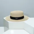 Summer flat top straw hat with black ribbon, hand-woven casual outdoor sun protection beach hat. - M (54-57cm) / Beige