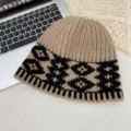 Retro Khaki Black Contrast Knitted Beanie Winter Warm Geometric Pattern Wool Hats - A-627 Khaki Plaid Bucket Hat
