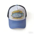 Detailed front view of the embroidered fisherman patch and mesh back on the casual cap. - Fish White Light Blue Brim