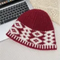 Retro winter women's warm color block knit beanie stylish geometric pattern casual hat - A-627 Wine Red Plaid Bucket Hat